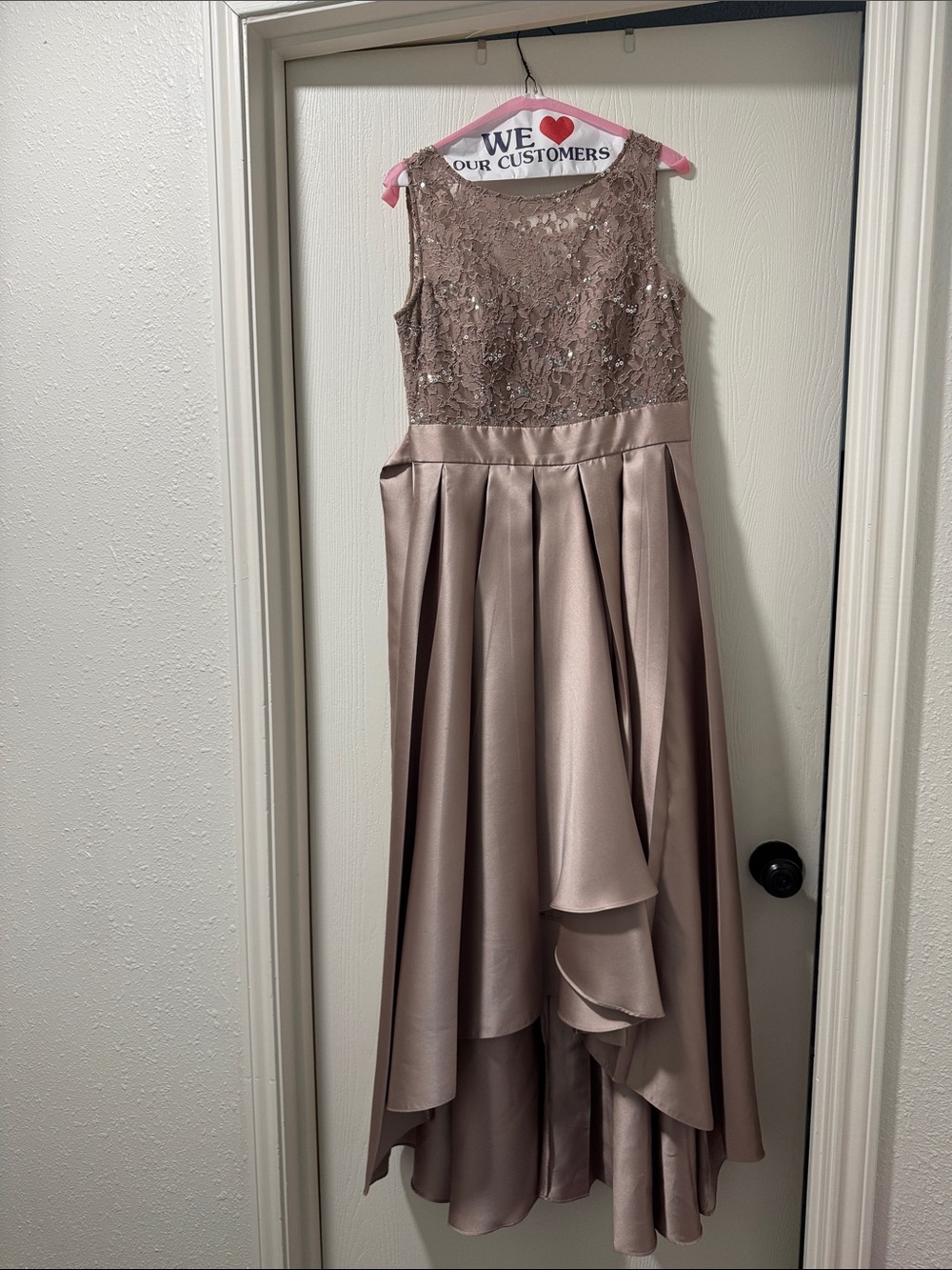 Sleeveless Lace Bodice High-Low Satin Dress in Taupe